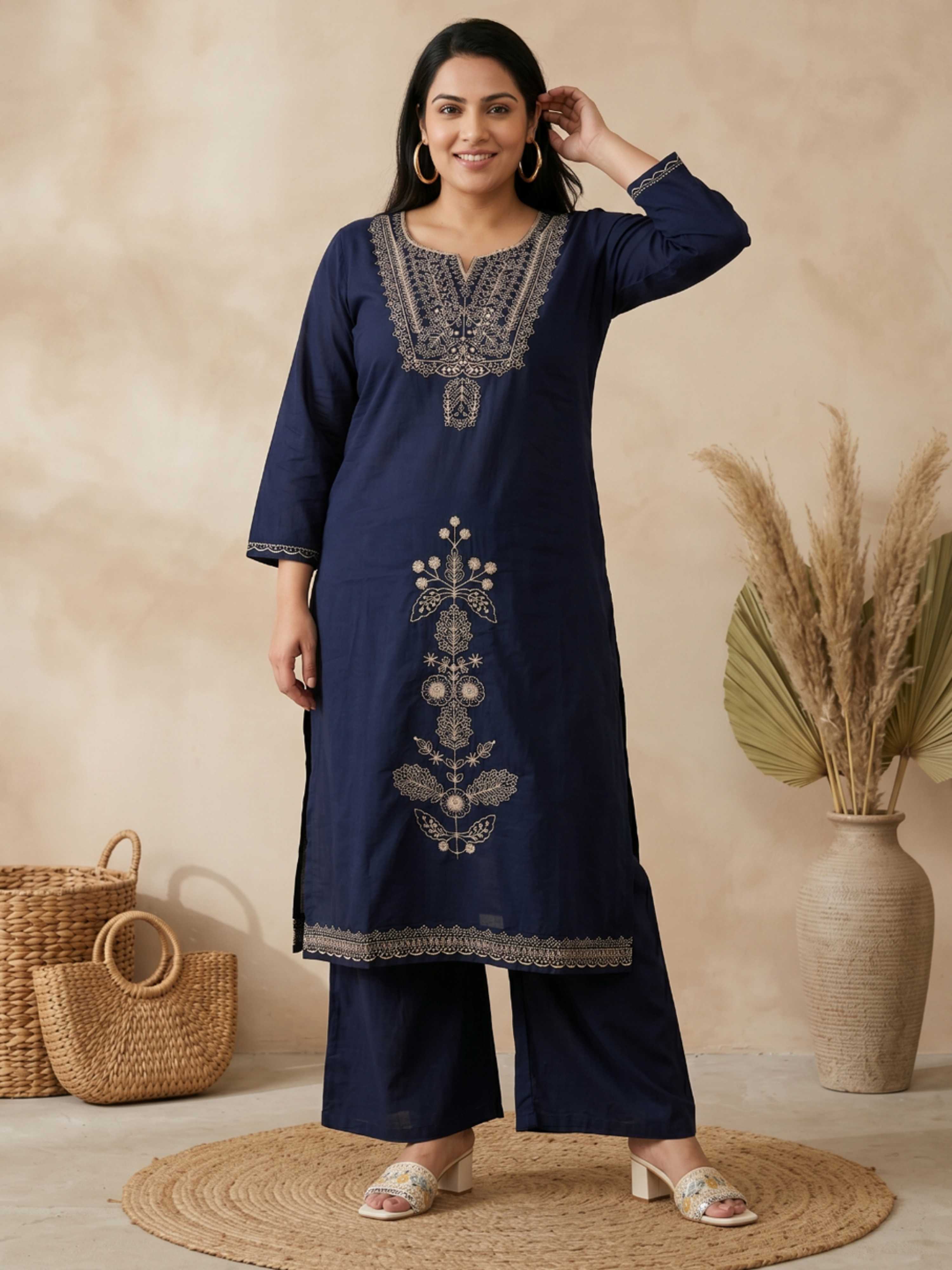 NAVY BLUE THREADWORK PURE COTTON SUIT WITH DUPATTA