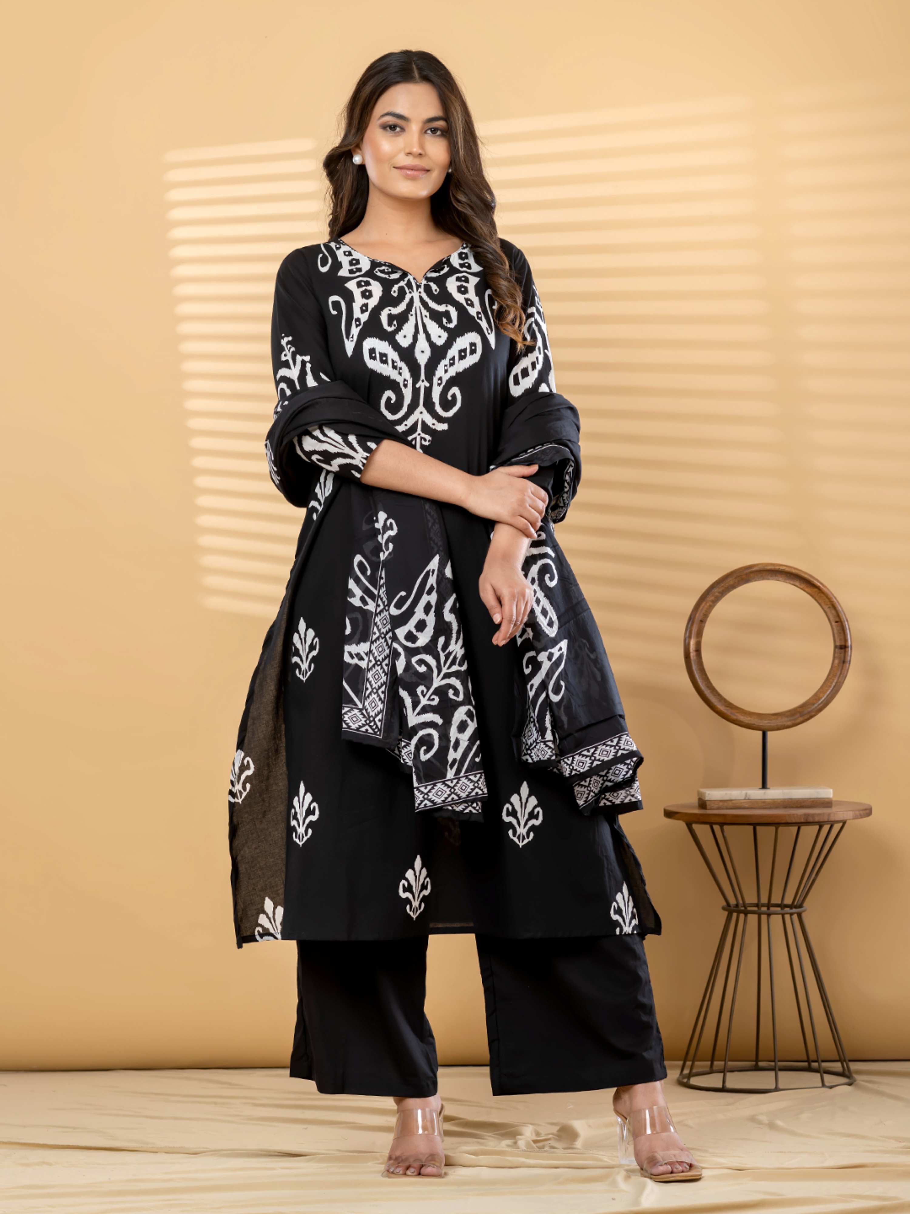 BLACK IKKAT PRINT PURE COTTON SUIT WITH DUPTTA