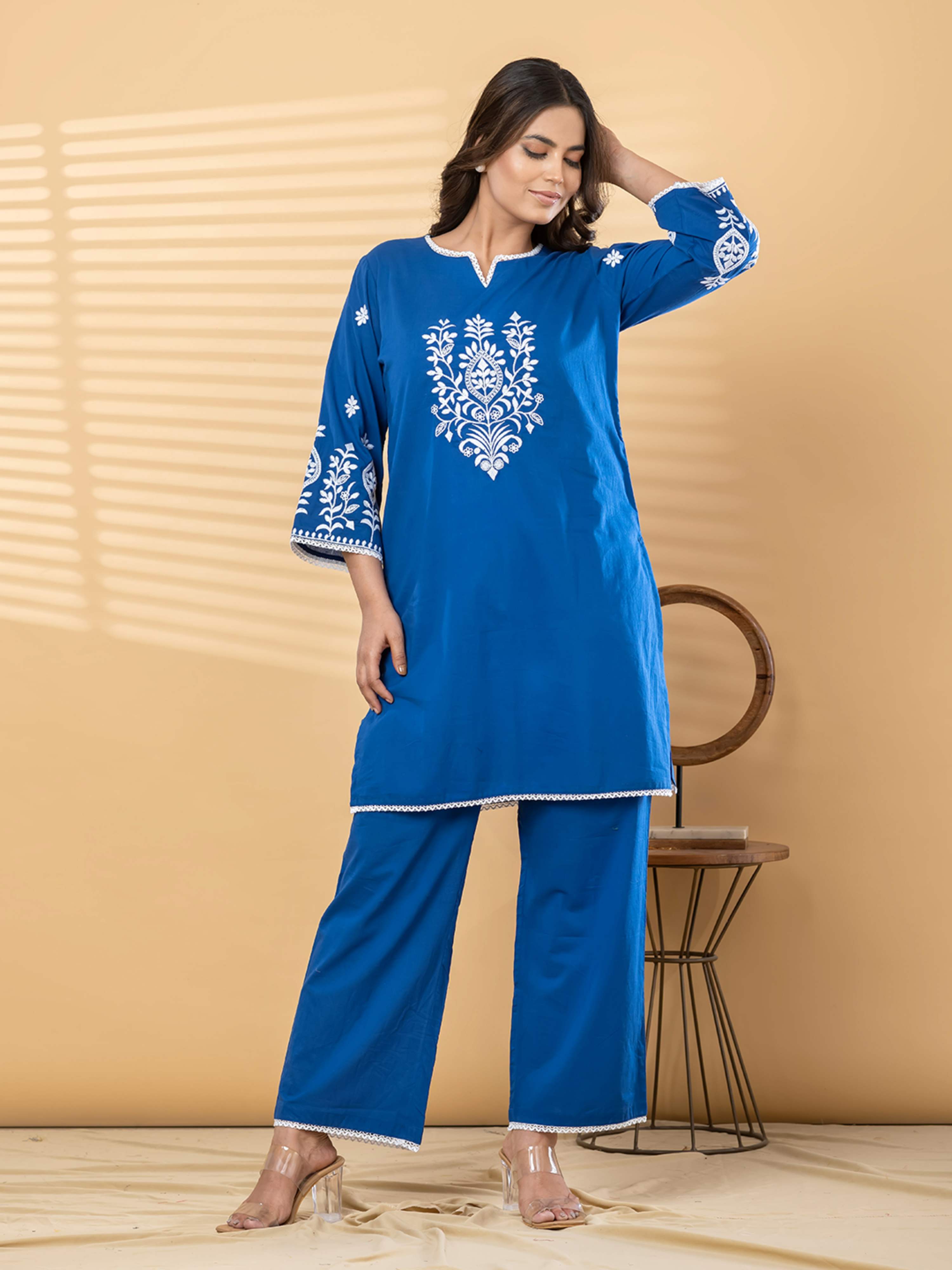 OCEAN BLOOM THREADWORK PURE COTTON CO-ORD  SET