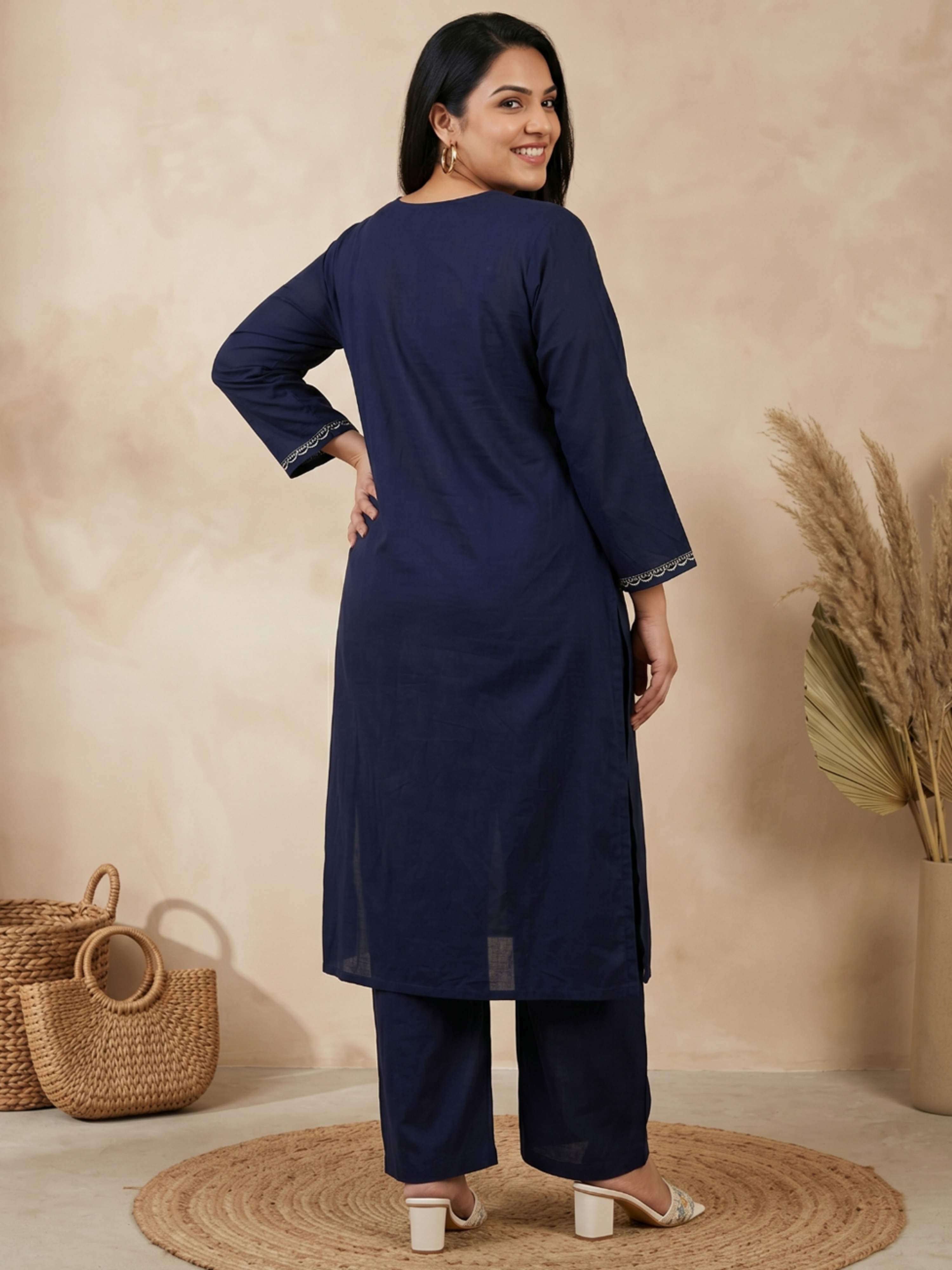 NAVY BLUE THREADWORK PURE COTTON SUIT WITH DUPATTA