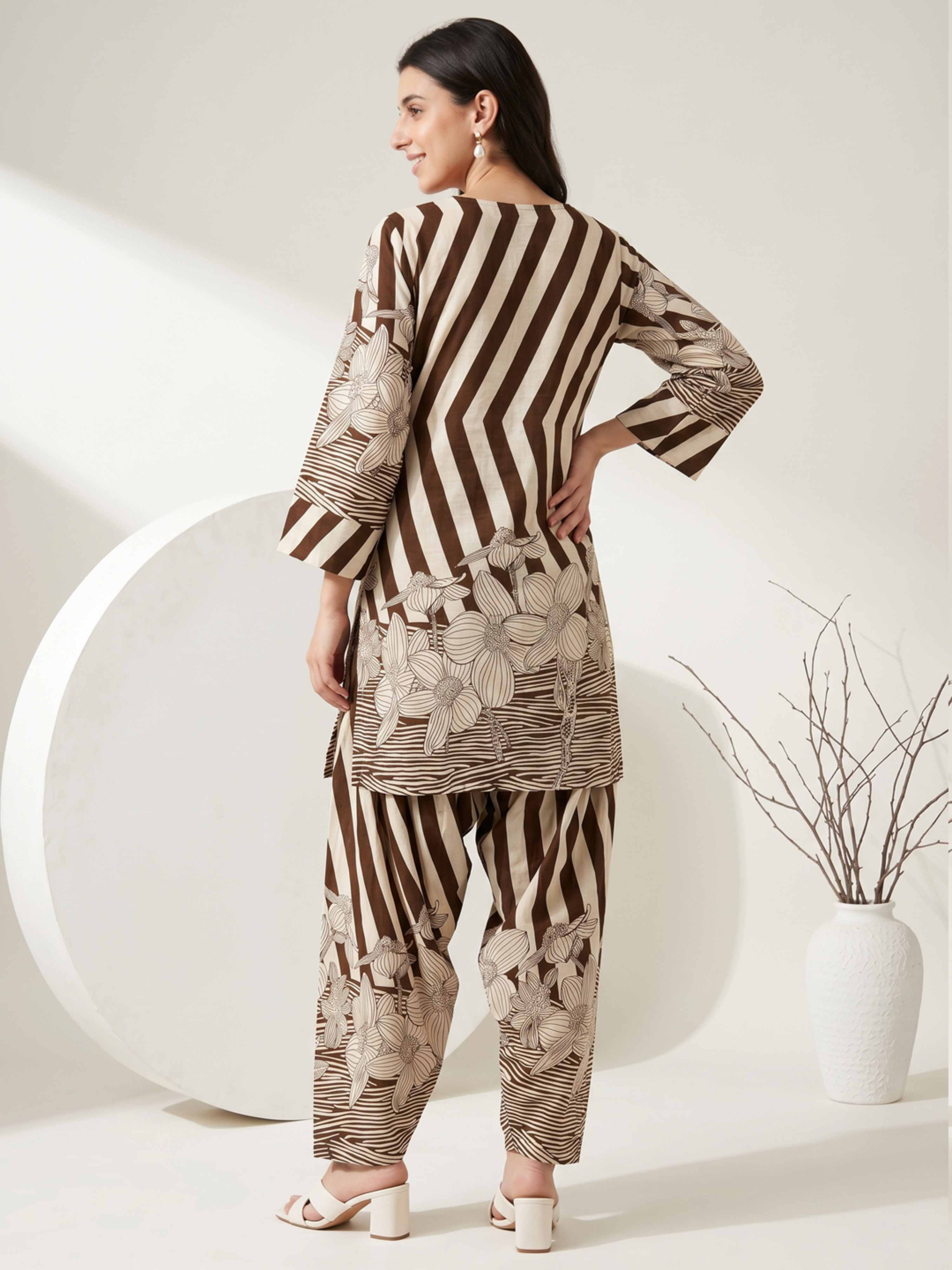 EARTHY STRIPE BLOOM PURE COTTON FARSHI CO-ORD SET