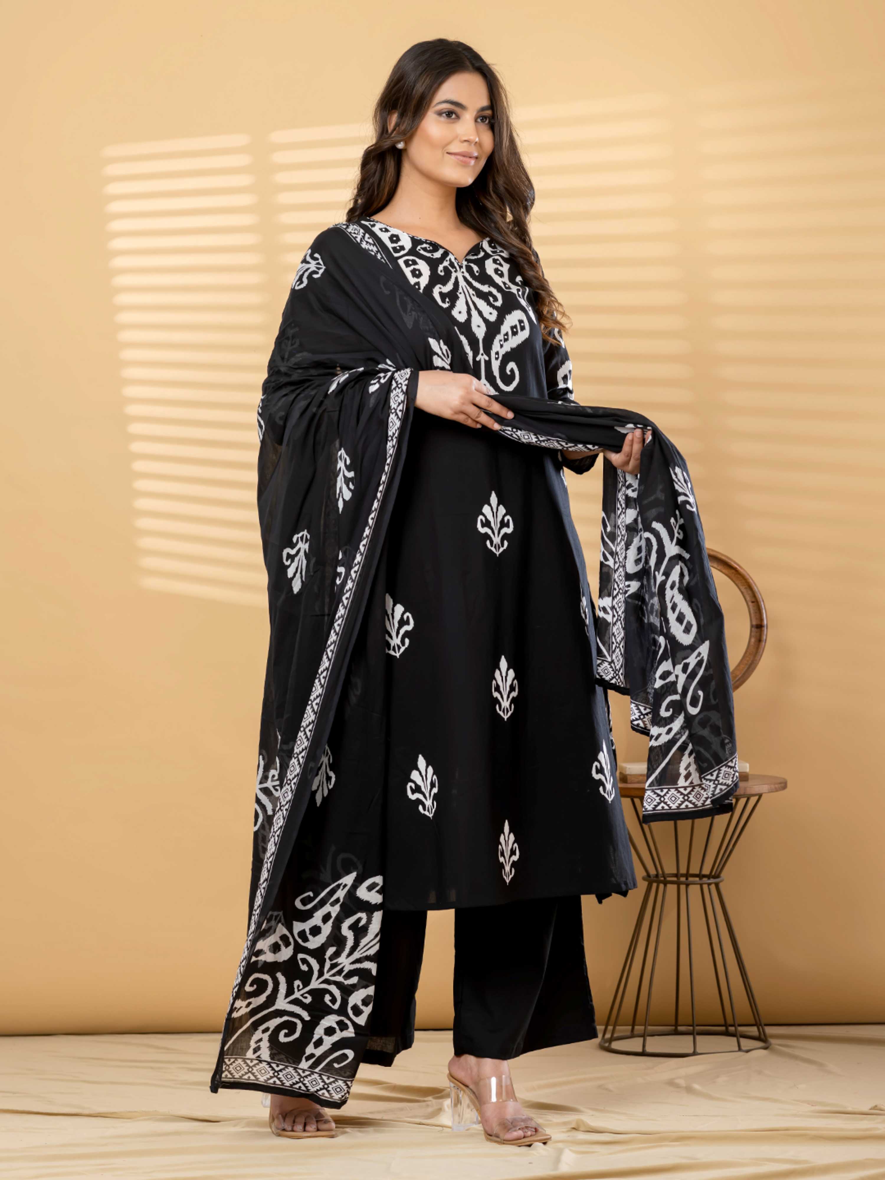 BLACK IKKAT PRINT PURE COTTON SUIT WITH DUPTTA