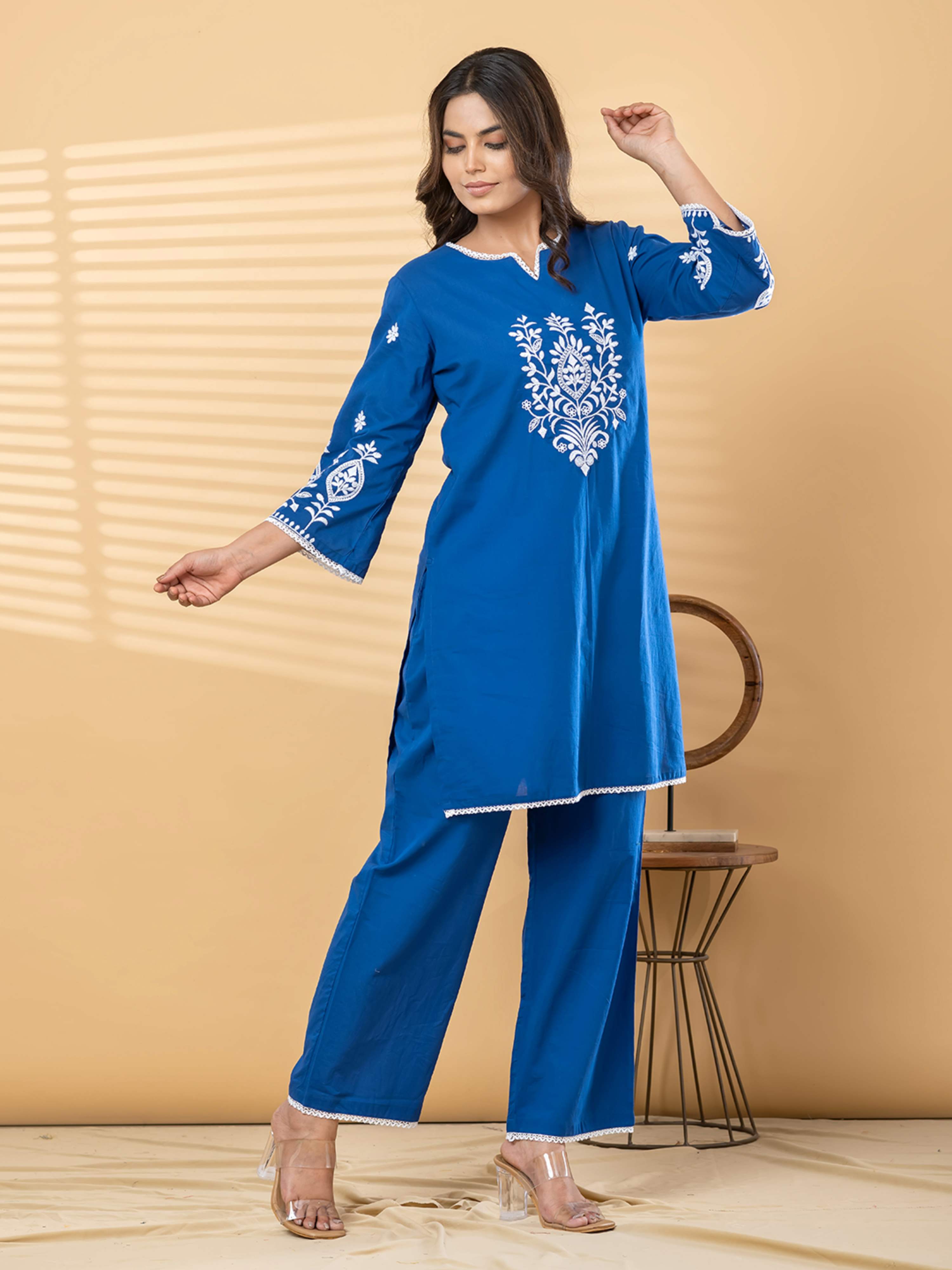 OCEAN BLOOM THREADWORK PURE COTTON CO-ORD  SET