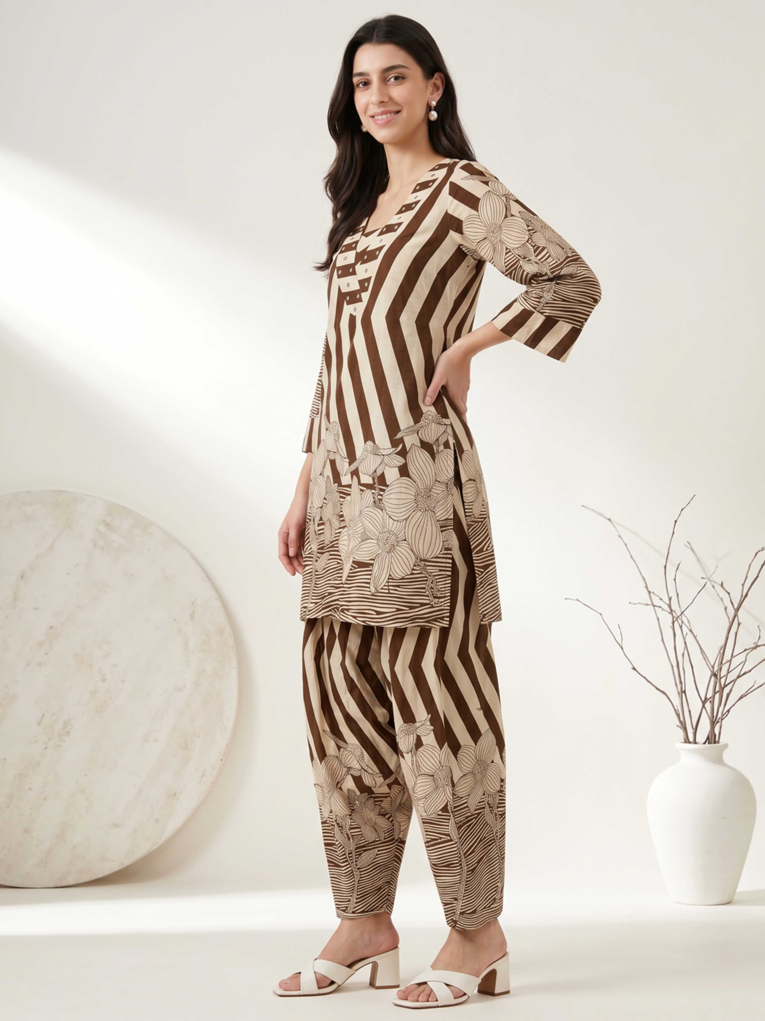 EARTHY STRIPE BLOOM PURE COTTON FARSHI CO-ORD SET