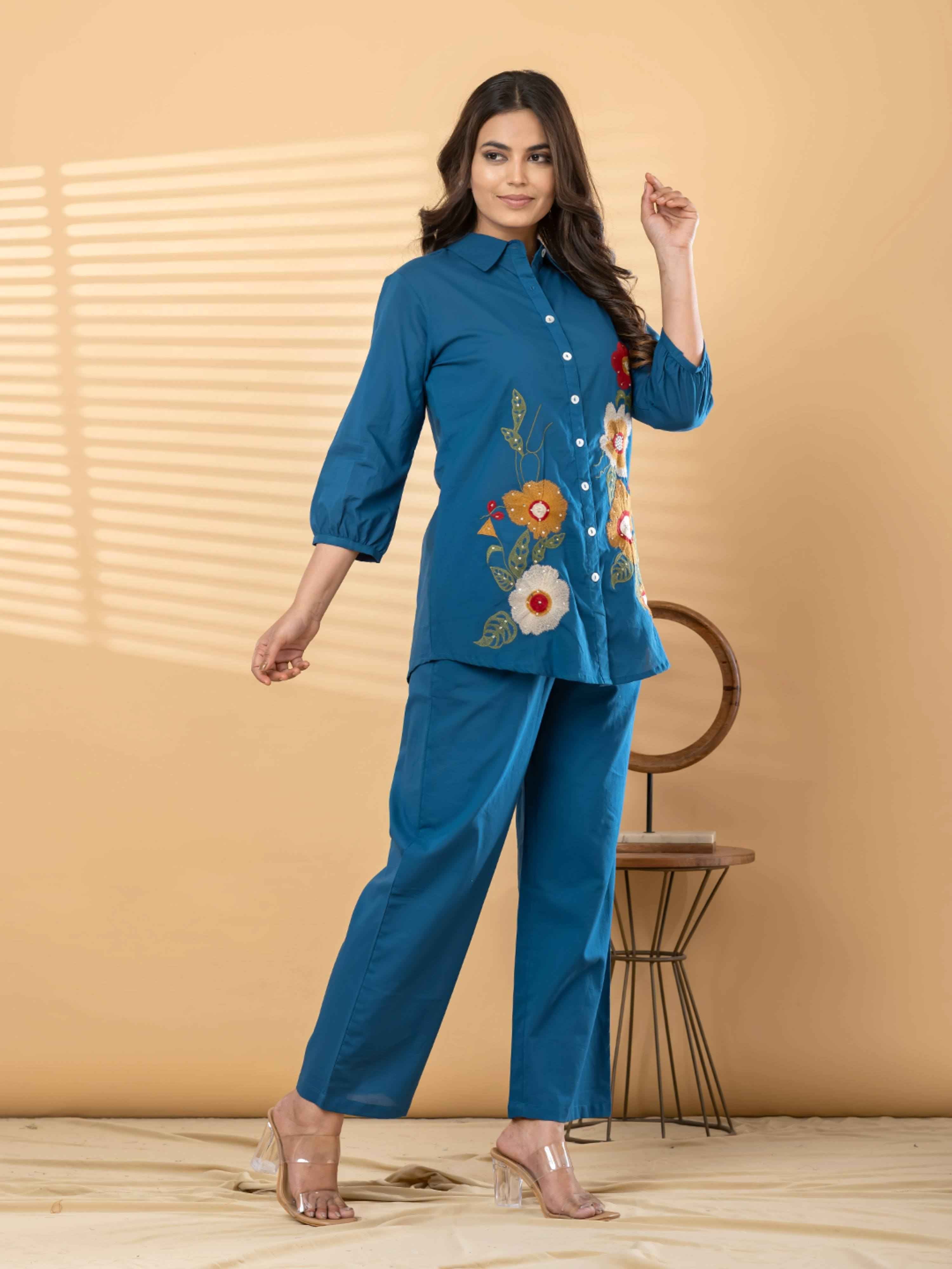 TEAL BLOOM EMBROIDERED PURE COTTON CO-ORD SET