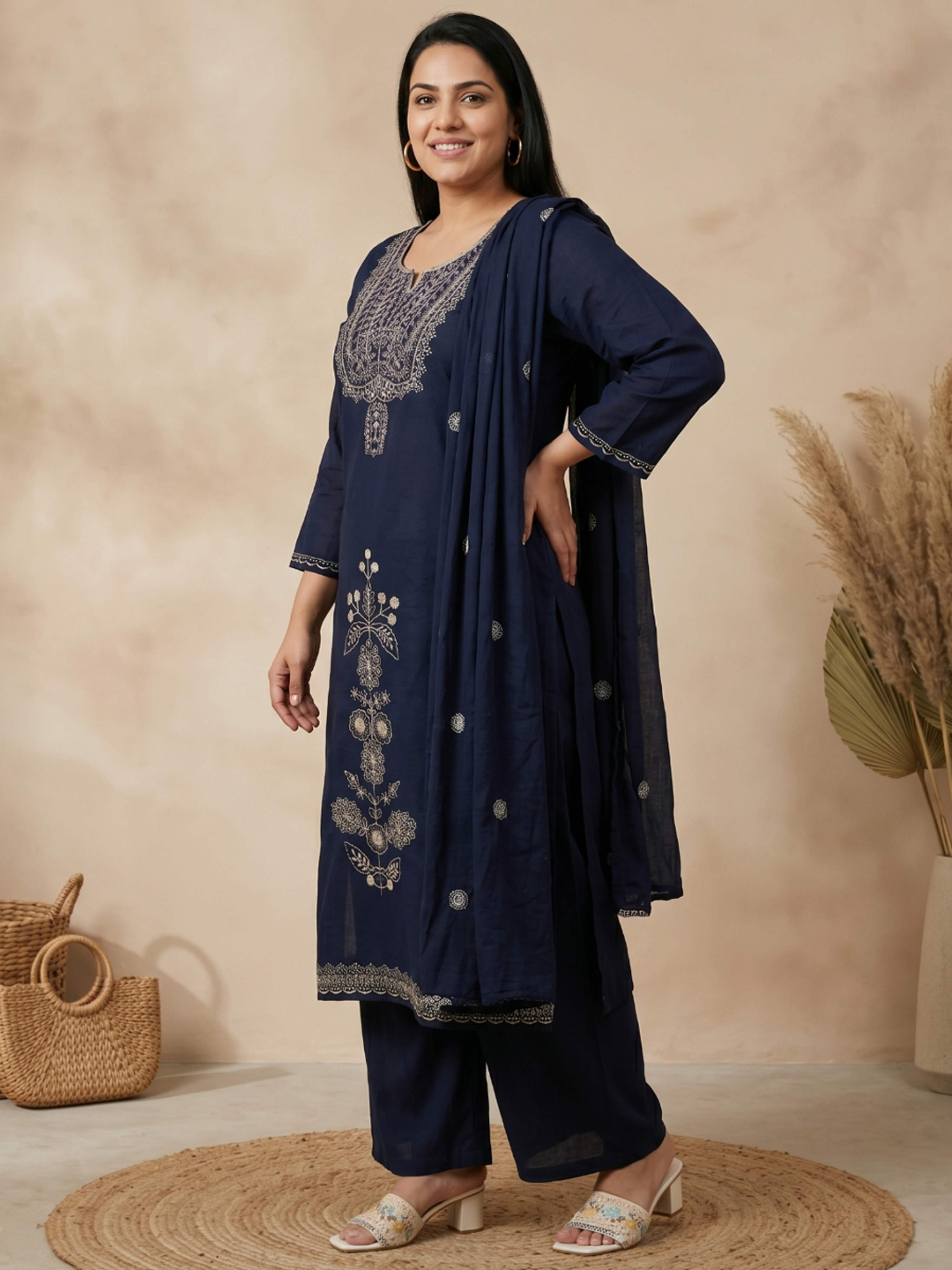 NAVY BLUE THREADWORK PURE COTTON SUIT WITH DUPATTA