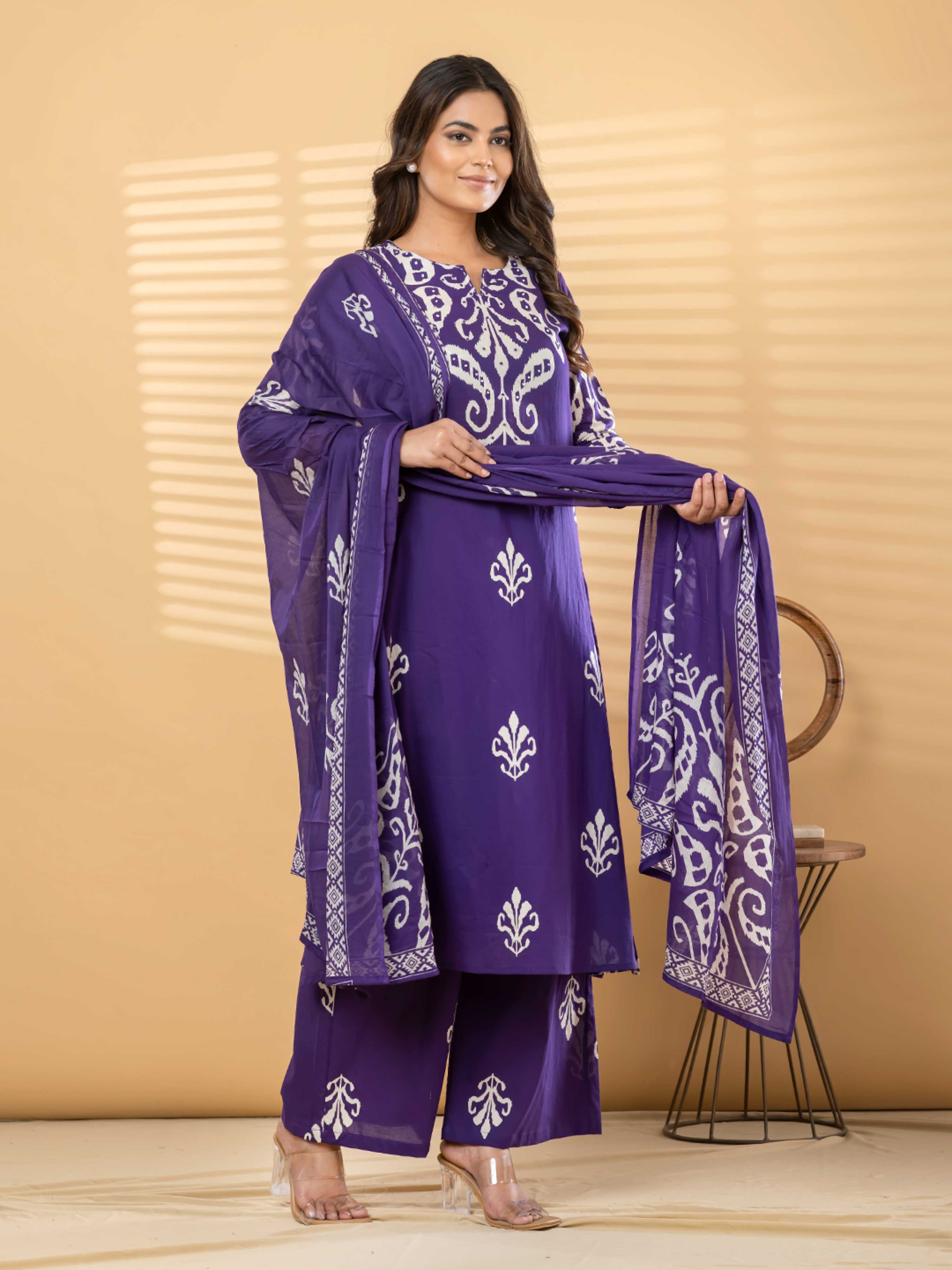 PURPLE  IKKAT PRINT PURE COTTON SUIT WITH DUPTTA