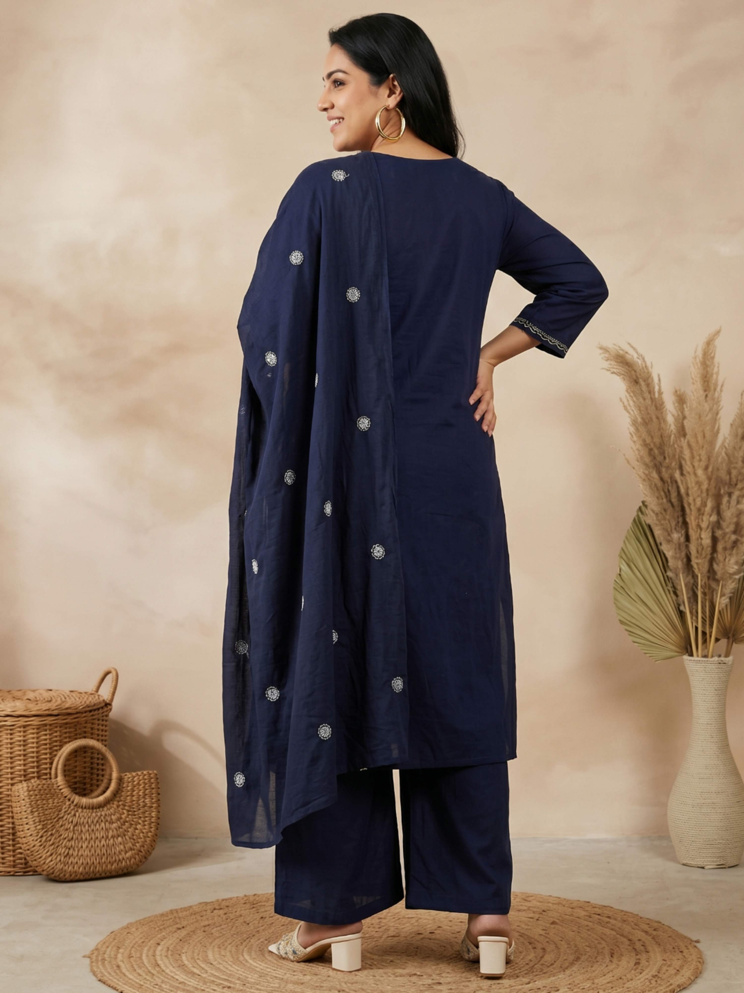 NAVY BLUE THREADWORK PURE COTTON SUIT WITH DUPATTA