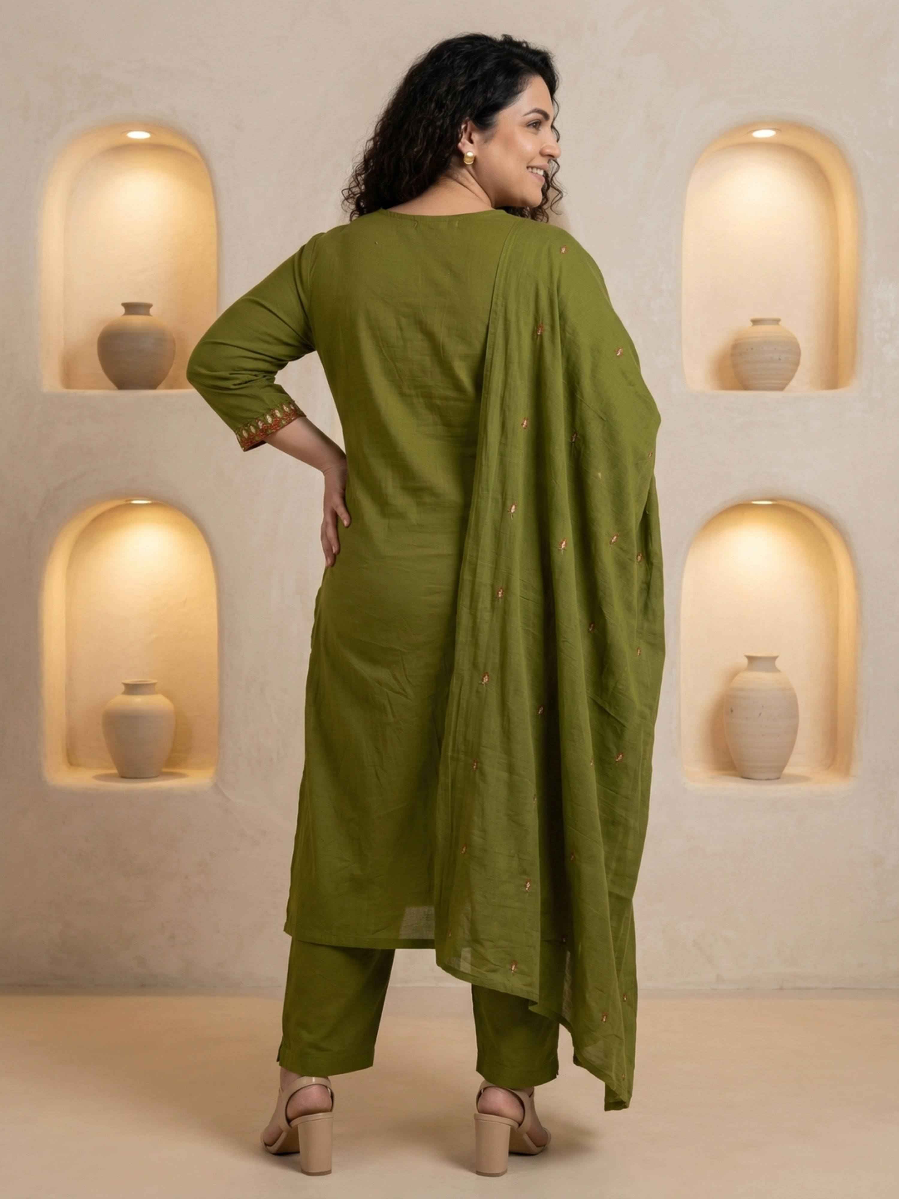OLIVE GREEN CIRCLE EMBROIDERED SUIT WITH DUPATTA