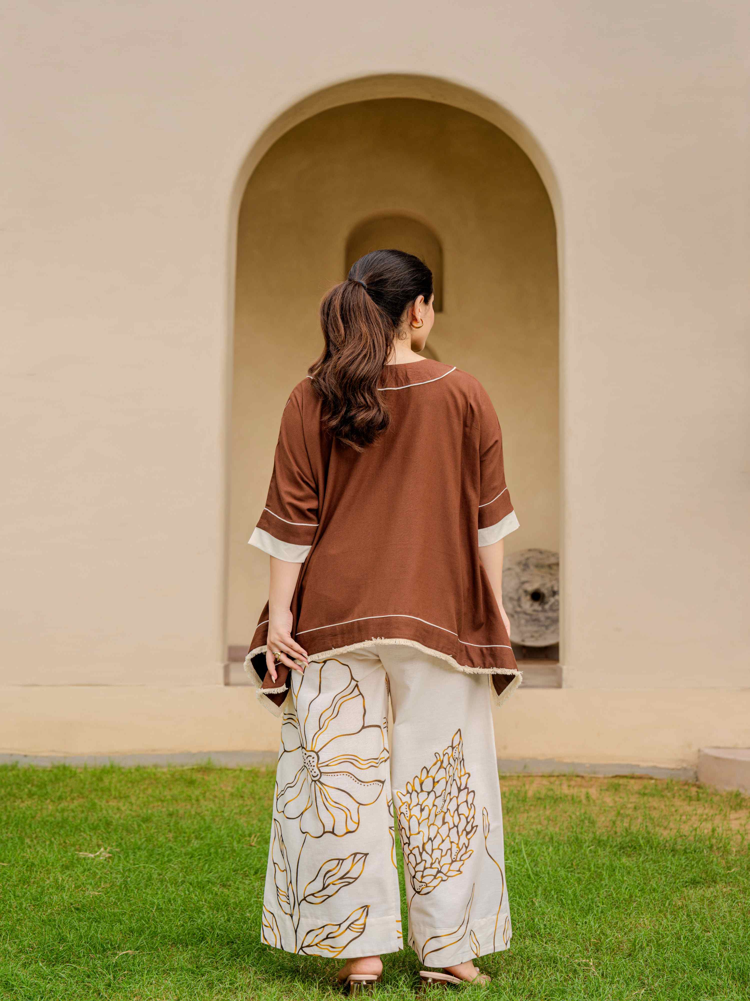 COCOA PONCHO-STYLE  PURE COTTON EMBROIDERED CO-ORD SET