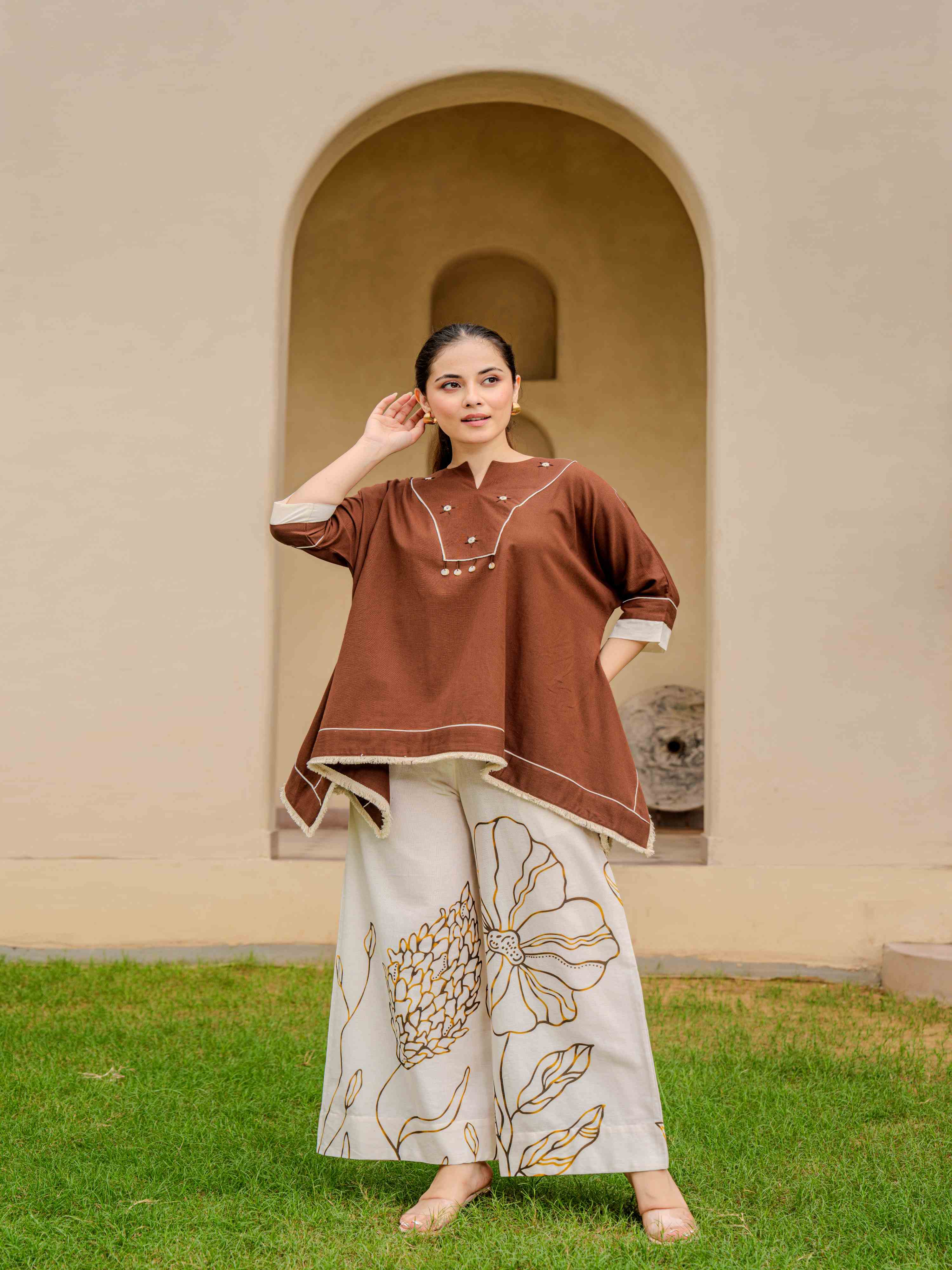 COCOA PONCHO-STYLE  PURE COTTON EMBROIDERED CO-ORD SET