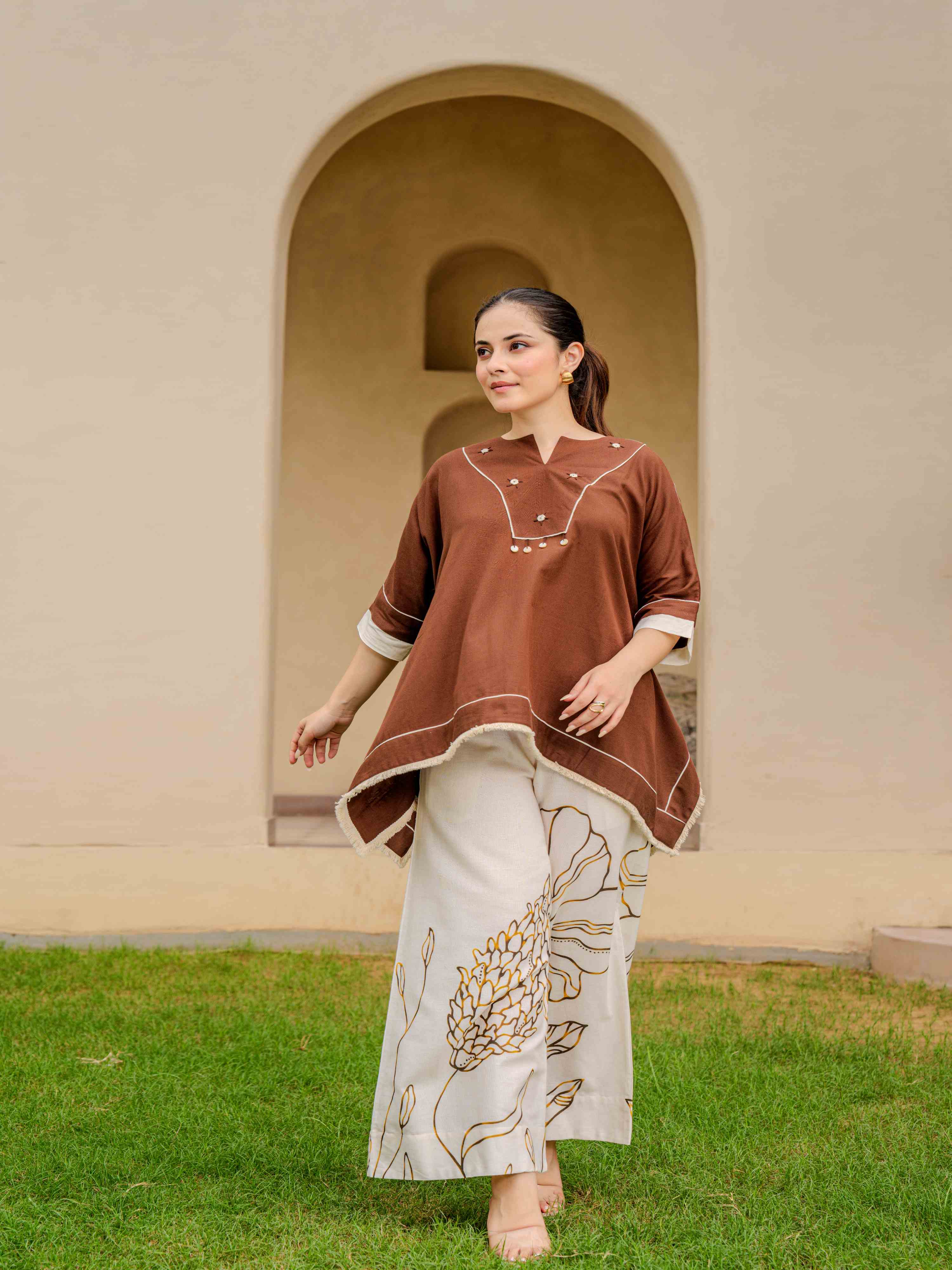 COCOA PONCHO-STYLE  PURE COTTON EMBROIDERED CO-ORD SET