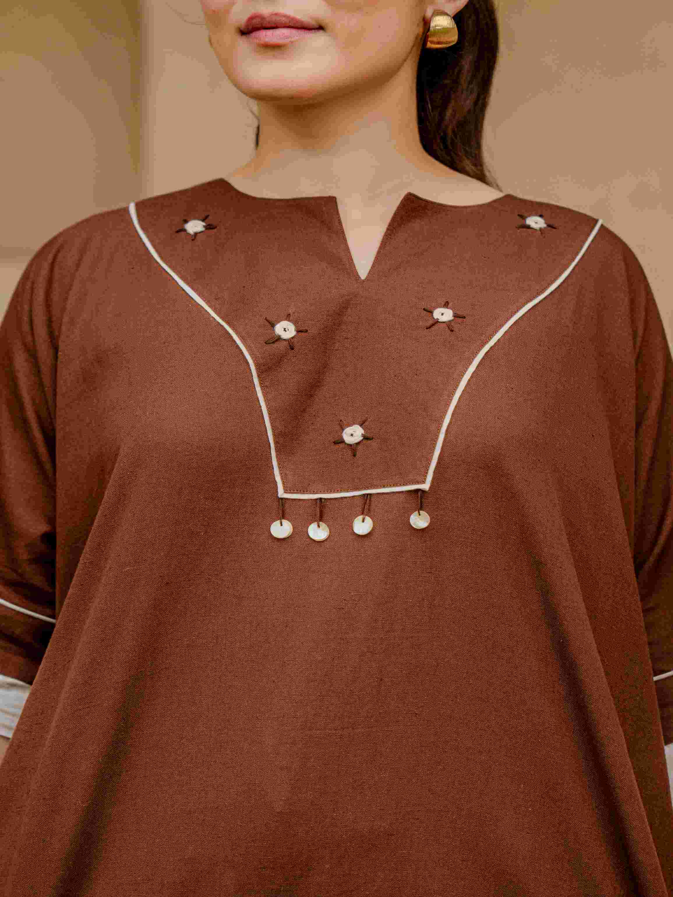 COCOA PONCHO-STYLE  PURE COTTON EMBROIDERED CO-ORD SET